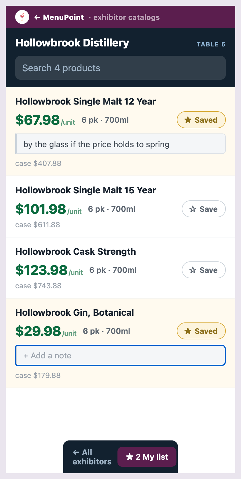 A phone screen showing one
      exhibitor's products with prices, two saved, and a typed note under one.