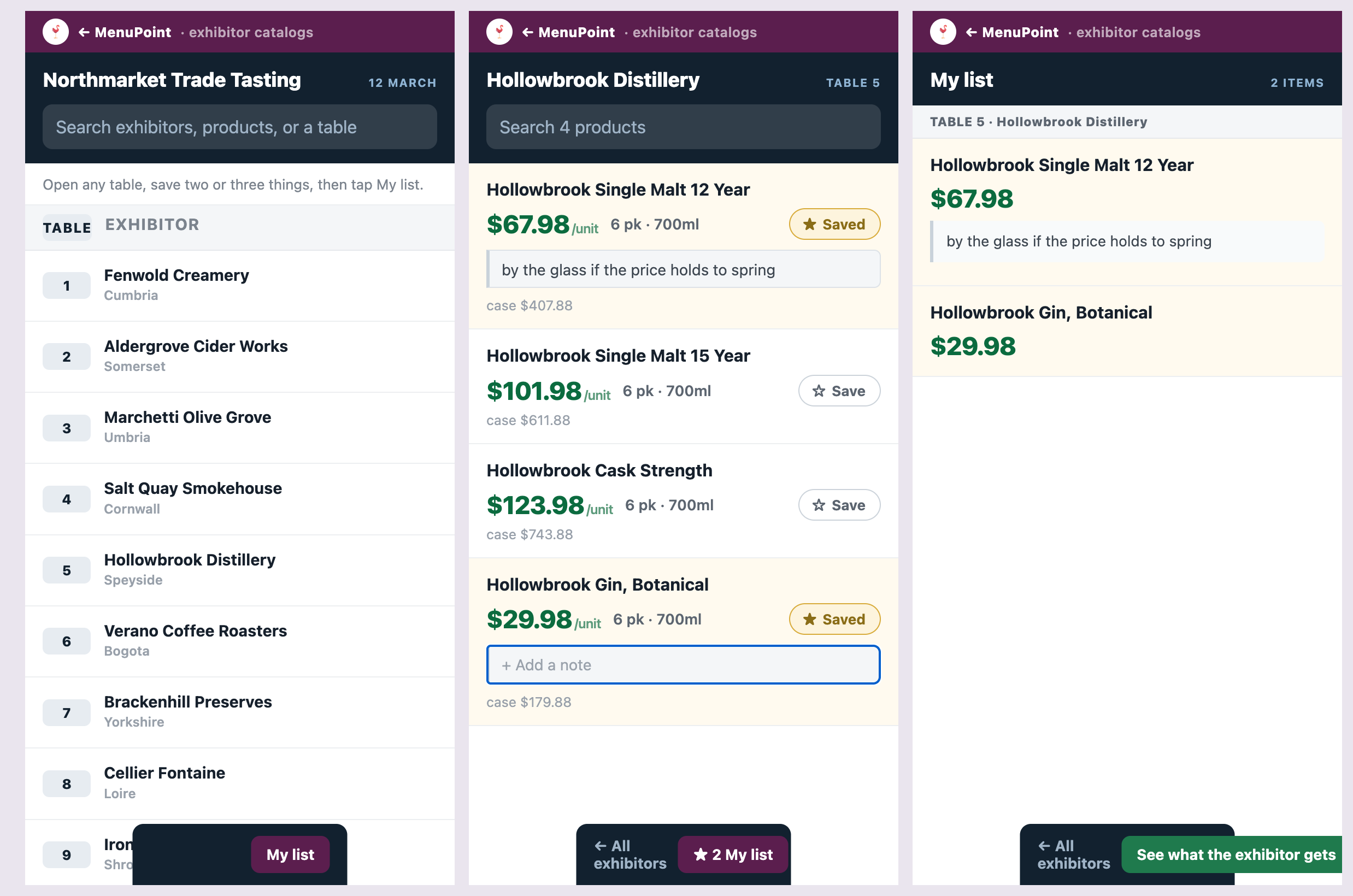 Three phone screens: the
      exhibitor list by table number, one exhibitor's products with prices, and a buyer's saved
      list with a typed note.